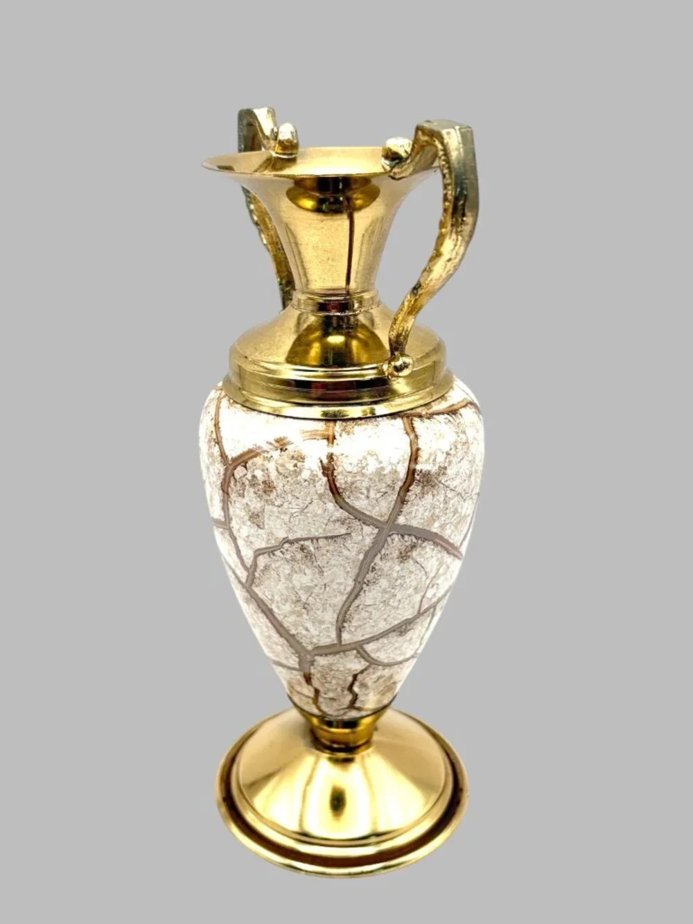 Vintage Holland Brass Crackle Glass Double Handle Urn Vase Hollywood Regency